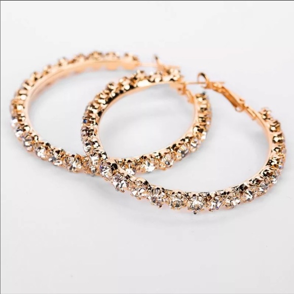 NEW GOLD ROUND HOOP DIAMOND EARRINGS - Picture 2 of 5